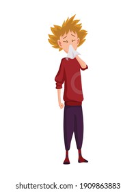 Flu cold. Flu or common cold treatment at home. Man with handkerchief in hand. Season allergy. Allergy sick or flu concept