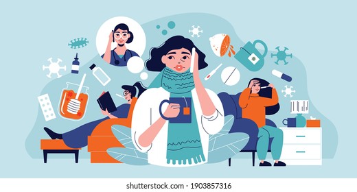 Flu Cold Composition With Human Characters Representing Common Symptomes And Icons Of Virus Bacteria And Medication Vector Illustration