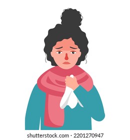 Flu or cold concept vector illustration. Sick  woman sneezing in handkerchief. Season allergy.