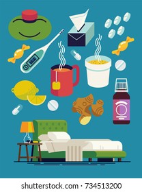 Flu cold fighters and must-haves. Cool vector items on common cold and flu including medication, hot beverages, bed rest, lemon, vitamins, etc. Flu season flat design icons and symbols