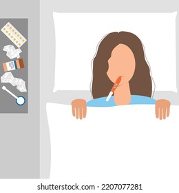 Gripe o niña fría en la cama con temperatura. Mujer fría estacional con medicación. Ilustración del vector
