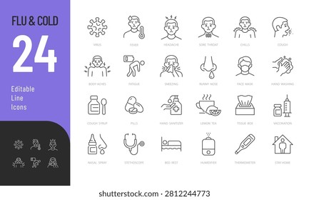 Flu and Cold Line Editable Icons set. Vector illustration in a modern thin line style of healthcare related icons: symptoms of the disease, treatment, precautions, and more. Isolated on transparent background.