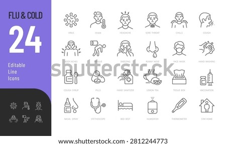 Flu and Cold Line Editable Icons set. Vector illustration in a modern thin line style of healthcare related icons: symptoms of the disease, treatment, precautions, and more. Isolated on transparent background.