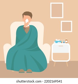 Flu or cold, man with napkin on armchair with cover. Vector illustarion