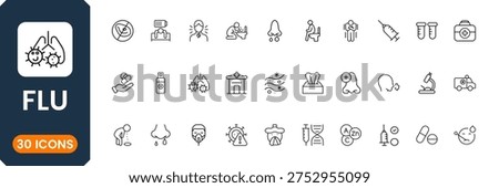 Flu and cold medical icon set with virus, fever, cough and healthcare treatment symbols modern outline vector collection for medical apps