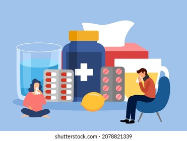 Flu or cold medication treatment - medicine, water and hot tea in flat design. Health care concept. Msn and woman patient sneezing from season allergy.