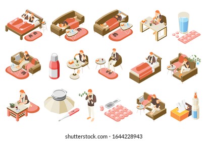 Flu cold relief medication sick people isometric icons set with nasal spray pills thermometer recolor vector illustration 