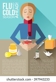 Flu And Cold Season Ahead-vector Infographic Template With Text Area  Made In Flat Style. Sick Young Woman Sit At The Table With Cup Of Hot Drink. Vector Illustration. Information Brochure Or Poster.