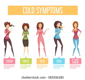 Flu cold or seasonal influenza symptoms flat infographic poster women feel fever chills cough sore throat vector illustration