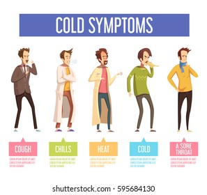 Flu cold or seasonal influenza symptoms flat infographic poster men feel feverish chills cough sore throat vector illustration