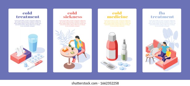 Flu cold treatment 4 isometric posters set with sick people medicine nasal spray pills thermometer vector illustration 