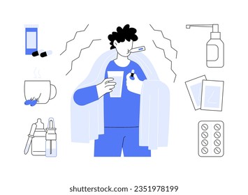 Ilustración vectorial del concepto abstracto de tratamiento de la gripe y el frío. El hombre enfermo de gripe toma medicamentos para un resfriado, tratamiento médico de la gripe, enfermedad infecciosa, metáfora abstracta de protección de virus.