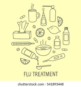 Flu and cold treatment doodle elements set. Including pills, syrups, food. Hand drawn health-care elements for your design.