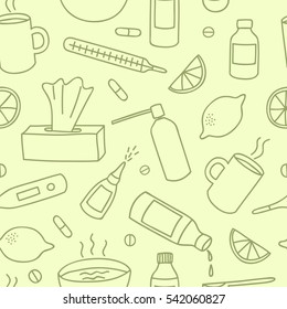 Flu and cold treatment doodle elements seamless pattern. Including pills, syrups, food. Hand drawn health-care background for your design.