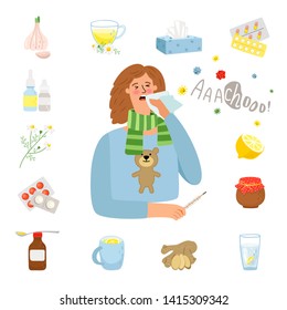 Flu or cold treatment. Headache girl face with handkerchief and cold remedies vector illustration, disease treating through tea with lemon and honey