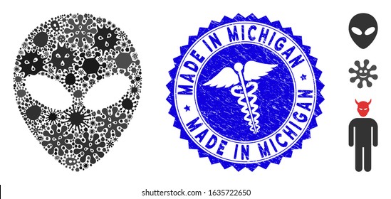 Flu collage alien face icon and rounded corroded stamp seal with Made in Michigan text and serpents icon. Mosaic vector is created with alien face icon and with random flu icons.