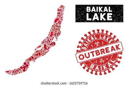 Flu collage Baikal Lake map and red distressed stamp seal with OUTBREAK message. Baikal Lake map collage composed with scattered infectious elements.