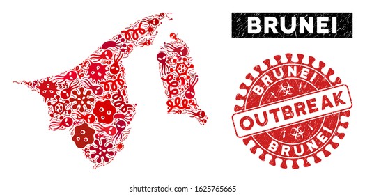 Flu collage Brunei map and red distressed stamp watermark with OUTBREAK caption. Brunei map collage created with scattered flu elements. Red rounded OUTBREAK stamp with distress texture.