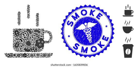 Flu collage coffee mug icon and rounded grunge stamp seal with Smoke phrase and serpents icon. Mosaic vector is designed with coffee mug icon and with random flu objects. Smoke stamp uses red color,