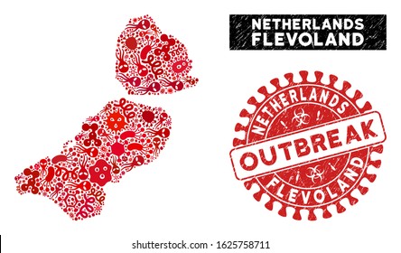 Flu collage Flevoland Province map and red grunge stamp seal with OUTBREAK phrase. Flevoland Province map collage designed with scattered infectious elements.