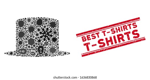 Flu collage gentleman hat icon and red Best T-Shirts seal stamp between double parallel lines. Mosaic vector is composed with gentleman hat icon and with scattered epidemic objects.