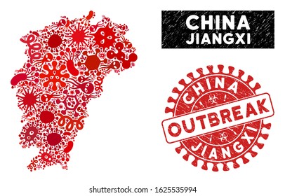 Flu collage Jiangxi Province map and red distressed stamp seal with OUTBREAK phrase. Jiangxi Province map collage constructed with randomized virus symbols.