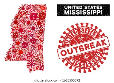 Flu collage Mississippi State map and red distressed stamp watermark with OUTBREAK message. Mississippi State map collage composed with random flu icons.