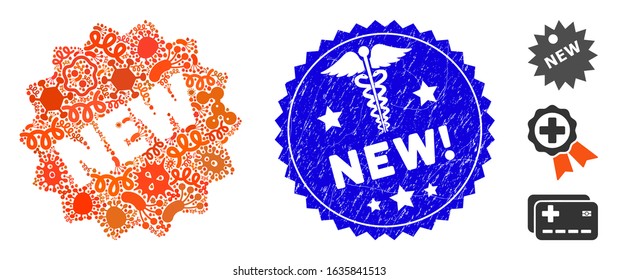 Flu collage new tag icon and round grunge stamp watermark with New! text and medical symbol. Mosaic vector is formed with new tag icon and with randomized flu symbols. New! stamp uses red color,
