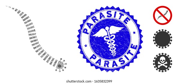 Flu collage parasite worm icon and rounded distressed stamp watermark with Parasite text and caduceus icon. Mosaic vector is composed with parasite worm icon and with randomized virus icons.