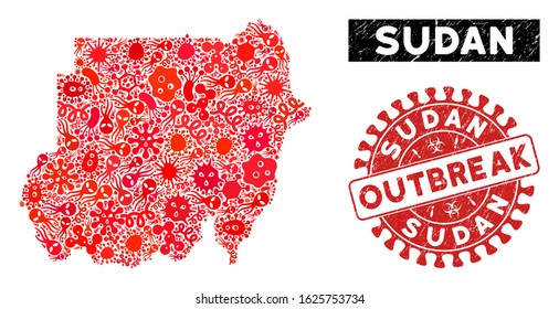 Flu collage Sudan map and red rubber stamp seal with OUTBREAK caption. Sudan map collage formed with scattered infection elements. Red round OUTBREAK seal stamp with grunge texture.