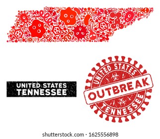 Flu collage Tennessee State map and red distressed stamp seal with OUTBREAK words. Tennessee State map collage designed with scattered pandemic items. Red round OUTBREAK stamp with dirty texture.