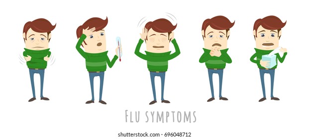 Flu and common cold infographic elements. Prevention symptoms of influenza. Medical icons. Man suffers cold, fever. Isolated vector flat illustration on white background for brochure, poster, banner