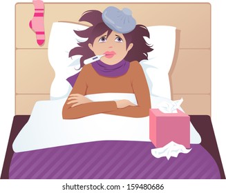 Flu or common cold treatment at home. Cute sick woman with fever in bed at home, taking temperature, with an ice pack on her head and a box of paper tissues on her side. EPS8, no transparencies 