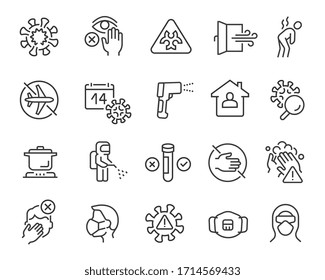 Flu and coronavirus icons set. Collection of linear simple web icons such as virus, prevention, quarantine, incubation period, test, disinfection, mask, symptoms, protection, infected zone, etc