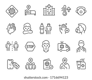 Flu And Coronavirus Icons Set. Collection Of Linear Simple Web Icons Such As Coronavirus Infection, Disease Prevention, Doctor, Hospital, Oxygen Mask, Symptoms, Remedies, Quarantine, Etc. Editable