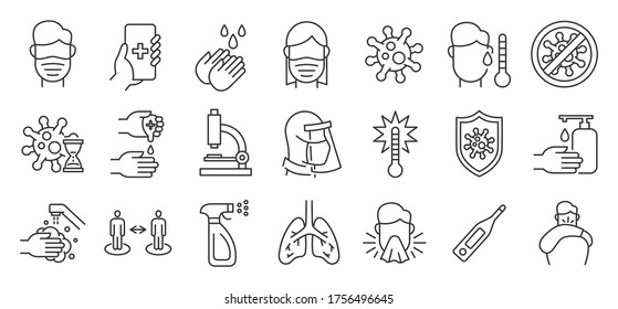 Flu and coronavirus icons set. Collection of linear simple web icons such as hygiene, disinfection, symptoms, treatment, virus, prevention and other. Editable vector stroke.