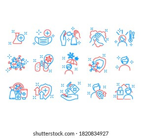 Flu and coronavirus icons set. Outline icons about virus prevention and symptoms. 