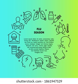 Flu and coronavirus round concept poster with place for text. Medical poster with infection signs and protection symbols in line style. Vector illustration.