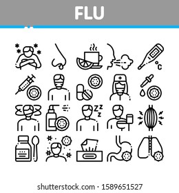 Flu And Coronavirus Symptoms Medical Collection Icons Set Vector Thin Line. Chills And Fever, Cough And Runny Nose, Flu Virus In Lungs And Stomach Linear Pictograms. Contour Illustration