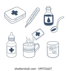 Flu, cough and cold fast helpMedicines drugs collection. Flu, cough and cold fast help. Sketch design elements. Eps 10 vector illustration.