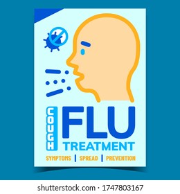 Vector de pancartas de prueba creativo para el tratamiento de la tos gripal. Síntomas De La Gripe Humana, Afiche De Publicidad De Propagación Y Prevención. Influenza Y Enfermedad De Coronavirus Concepto Diseño Estilo Ilustración De Color