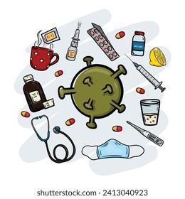 Flu and Covid Virus and Medical Items. Medicines, Tea, Vaccine, Medical Mask, Stethoscope, Cough Syrup, Lemon, Thermometer