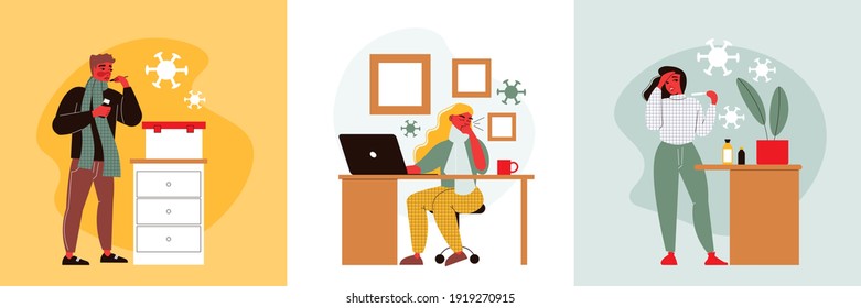 Flu design concept with set of three square compositions of people getting cold with virus bacteria vector illustration