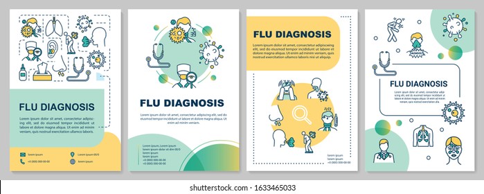 Flu diagnosis brochure template. Doctor visit. Patient treatment. Flyer, booklet, leaflet print, cover design with linear icons. Vector layouts for magazines, annual reports, advertising posters