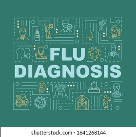 Flu diagnosis word concepts banner. Lung problem treatment. Respiratory illness. Infographics with linear icons on green background. Isolated typography. Vector outline RGB color illustration