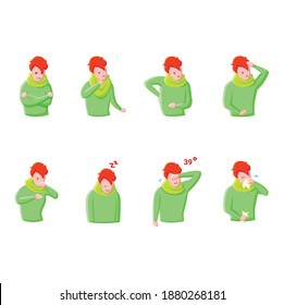 Flu disease flat icons set. Fever, cough, tiredness and throat pain and more. Covid19, flu, cold symptoms concept. Health problems. Health care. Color vector illustrations