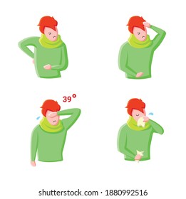 Flu disease flat icons set. Fever, rhinitis, tiredness and muscle pain. Covid19, flu, cold symptoms concept. Health problems. Health care. Color vector illustrations
