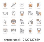 Flu disease prevention, cold symptoms flat line icons set. Fever headache sneeze, sore throat vector illustrations. Outline signs medical healthcare infographic. Orange color, Editable Strokes