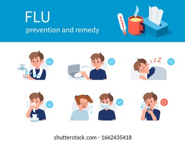 Flu Disease  Remedy and Prevention against Virus and Infection. Character Using Tissue, Washing Hands, Wearing Protection Mask. Boy use Medical Mask and Tissue. Flat Cartoon Vector Illustration.