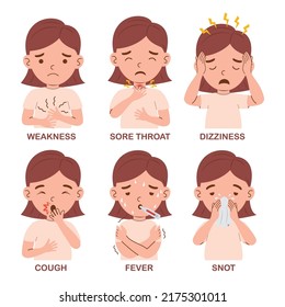 Flu Disease Signs And Symptoms On Kid Girl Character. Cartoon Kid Girl With Fever, Snot, Cough, Dizzy And Sore Throat Vector Illustration